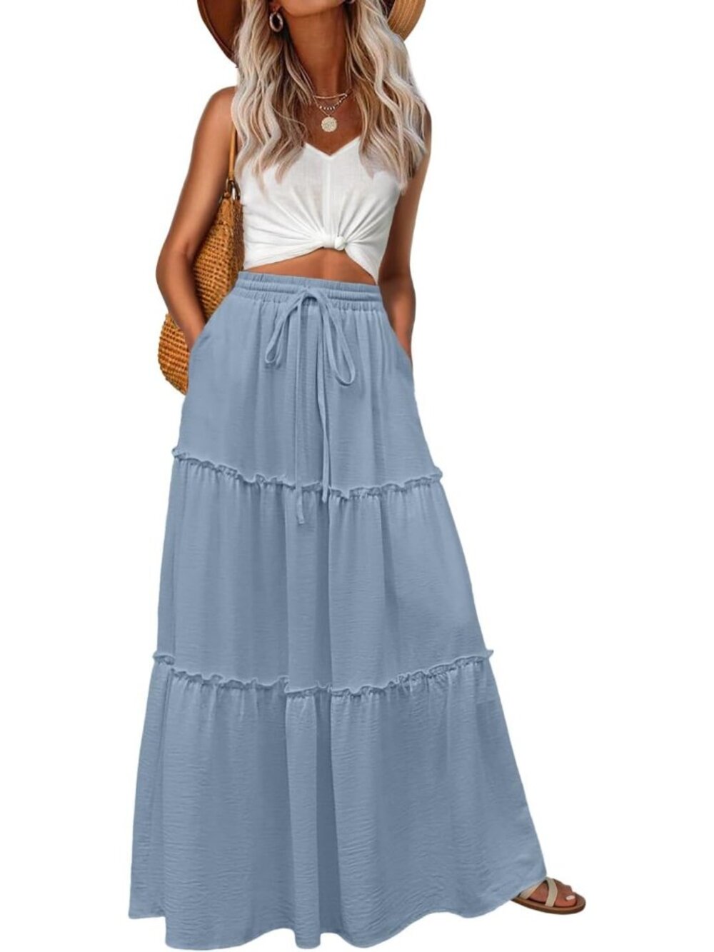 Women's Boho High Waisted Misty Blue Maxi Skirts Tiered Floral Long Skirts